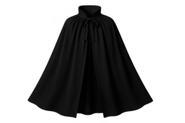 Dramatic black cape isolated on transparent background, mysterious attire