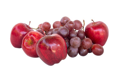 a bunch of red grapes and fresh apples with a white isolated background