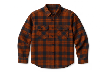 Isolated flannel shirt with brown and blue plaid pattern on transparent background.