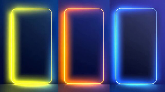 Modern Abstract Triptych Wall Art with Neon Light Frames. Dynamic Three Panel Minimalist Glowing Poster Design for Advertising, Product Display and Contemporary Interior Decoration. Video