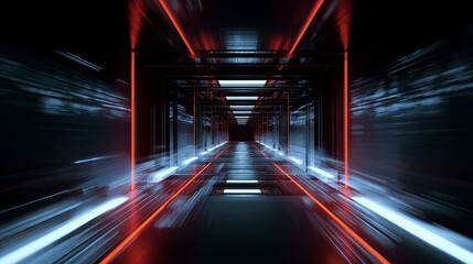 Futuristic tunnel with glowing red and blue lights, creating a high-speed motion effect in a dark corridor