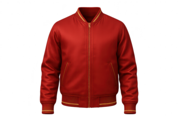 Stylish red bomber jacket isolated on transparent background, apparel item