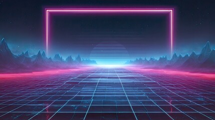 Futuristic synthwave landscape with a glowing neon frame over a digital grid floor toward a stylized sunset.