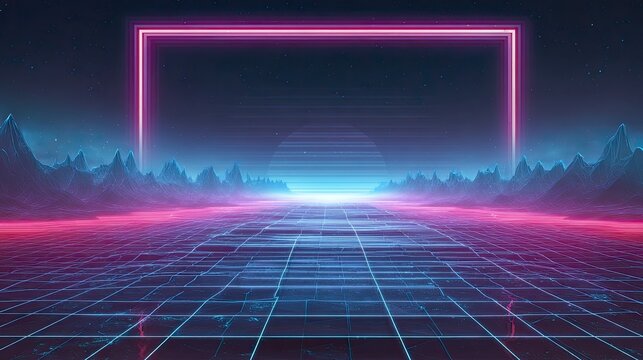 Futuristic synthwave landscape with a glowing neon frame over a digital grid floor toward a stylized sunset. - Powered by Adobe