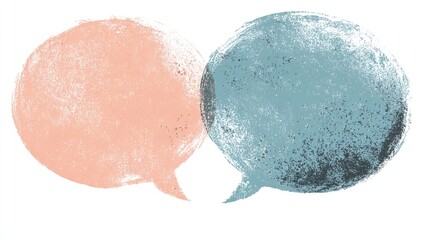 Two overlapping, textured speech bubbles in muted peach and teal, suggesting a conversation