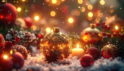 Christmas Still Life with Golden Bauble Red Ornaments and Snow a Lit Candle Against Blurred Bokeh Background a Cozy Holiday Scene