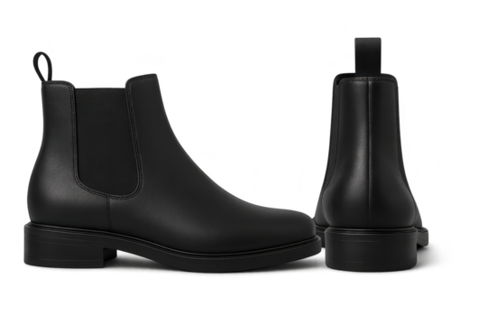 Elegant black leather Chelsea boots isolated on transparent background for design