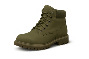 Olive green lace-up boot isolated on transparent background, stylish footwear