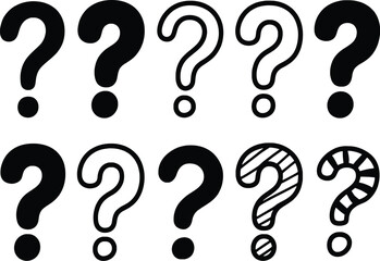 Collection of hand drawn question marks diverse styles symbolizing inquiry doubt uncertainty and mystery