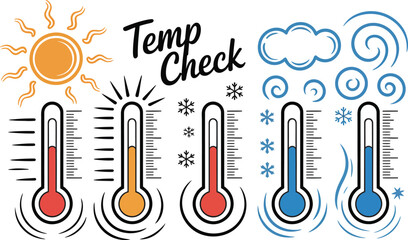 Thermometers showing hot and cold temperatures with sun and snowflakes