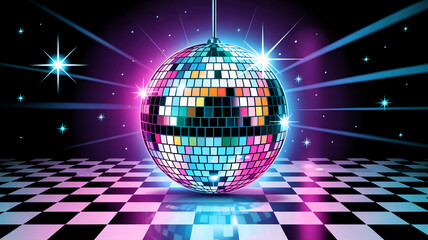 Shiny disco ball centerpiece casting dazzling reflections of colored lights on checkered dance floor with glowing starbursts, vintage retro 80s party atmosphere
