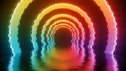 Colorful endless tunnel of glowing gradient rings with smooth reflections on futuristic glossy floor, symbolizing infinity, abstract flow, and modern digital design