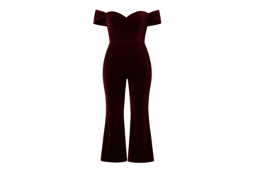Elegant maroon velvet jumpsuit isolated on transparent background, fashion