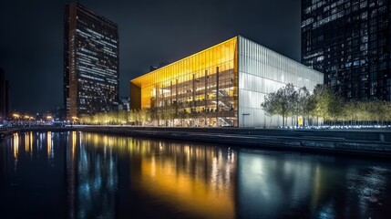 Modern building illuminated at night with reflection in water
