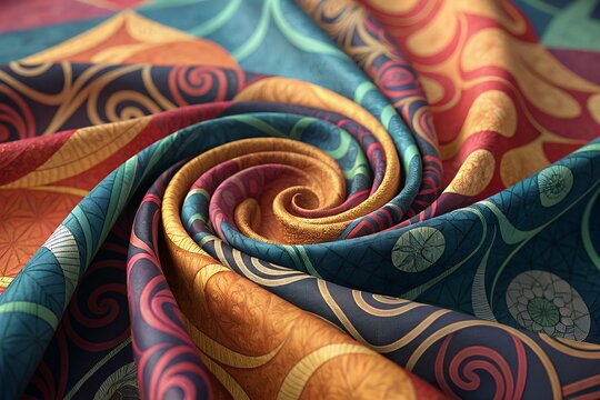 Vibrant swirling fabric with intricate paisley and floral patterns