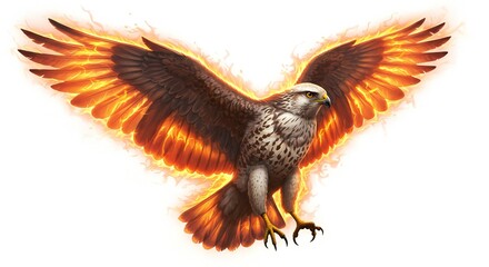 Fototapeta premium Majestic hawk with fiery wings, glowing flames, isolated on white background