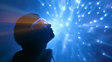 Silhouette of a person wearing futuristic goggles, gazing upward at a radiant blue light display with star-like patterns.
