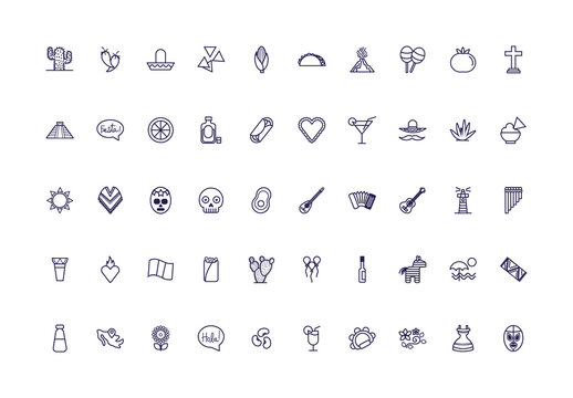 Black Mexican Culture Line Icons Set