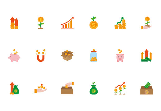 Orange And Green Raise Money Icons Set