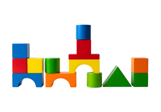 Colorful wooden building blocks arranged in various shapes isolated on transparent background, perfect for childrens learning and creative play
