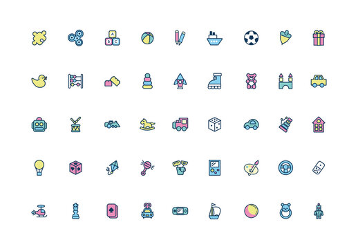 Colorful Toys Entertainment Childhood Icons Set