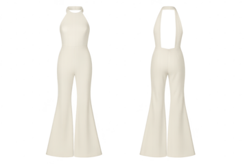 Elegant white jumpsuit isolated on a transparent background, front and back view