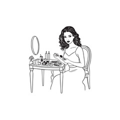 Black and white line art of a beautiful woman doing makeup at dressing table with mirror illustration
