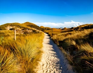 Sandy path through golden dunes under a vibrant blue sky