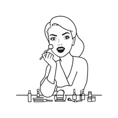 Black and white line art of a beautiful woman doing makeup at dressing table with mirror illustration

