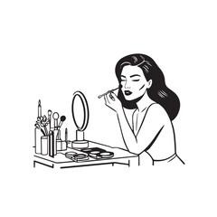 Black and white line art of a beautiful woman doing makeup at dressing table with mirror illustration
