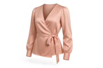 Elegant pink wrap blouse with long sleeves, isolated on transparent background
