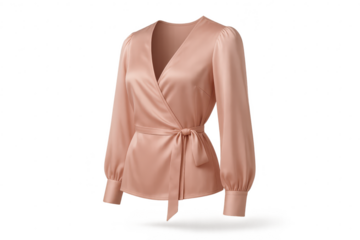 Elegant pink wrap blouse isolated on transparent background, long sleeve top