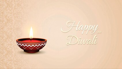 Happy Diwali 2026 Ornate Diya Greeting Card Design Floral Carved Lamp with Beige Background and Golden Typography