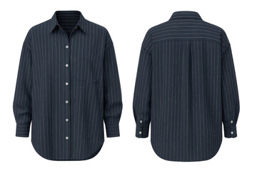 Dark pinstriped long-sleeve shirt, front and back views, isolated on transparent.