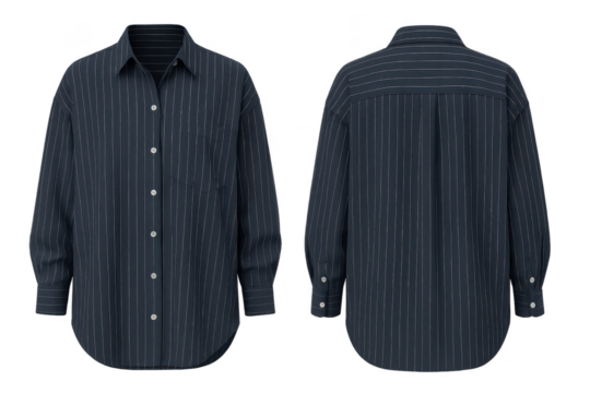 Dark pinstriped long-sleeve shirt, front and back views, isolated on transparent.