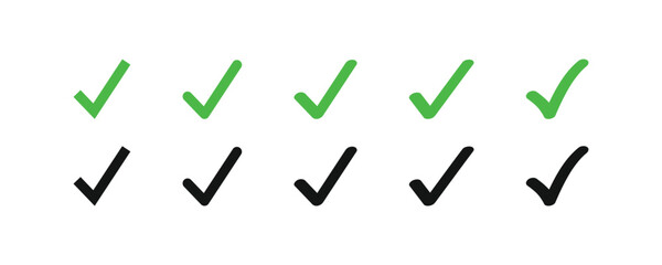 Vector check mark icon set. A collection of solid green and black symbols in various styles, perfect for approval, done, and correct signs