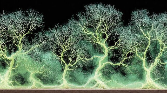 Surreal landscape merging metallic structures organic trees glowing cyber veins ecological transhumanist vision