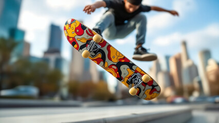 Elevated skateboard trick in cityscape brings an adrenaline rush to urban activity showcasing
