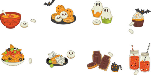 Halloween party food collection with spooky treats, ghost cupcakes, scary snacks, festive drinks, perfect for October celebration and decoration.