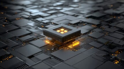 Close-up of a glowing microchip on a complex circuit board surface
