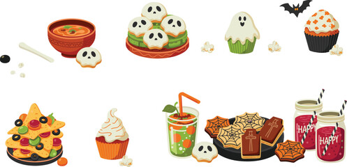 Festive Halloween treats including spooky cupcakes, cookies, nachos, drinks, and skull-themed food perfect for a Halloween celebration