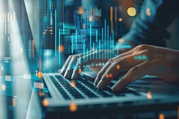 Person's hands typing on a laptop with digital data overlays showing graphs and charts, suggesting data analysis or financial trading