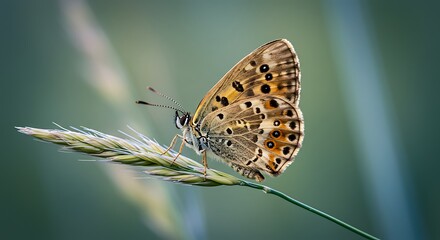 A brown and orange butterfly with black spots perches delicately on a green grass stem against a blurred natural background.