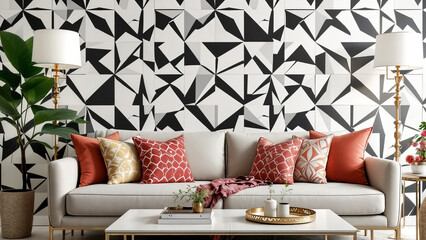 Modern living room with geometric wall pattern and warm accents creating a stylish interior