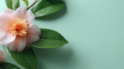 Soft Pink Camellia Flower with Green Leaves on Pastel Background
