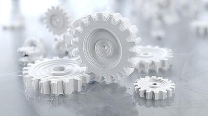 White plastic gears arranged on a reflective surface with depth of field effect