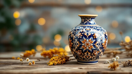 Ornamental vase with floral arabesque pattern on aged wood with soft bokeh background