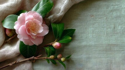 Soft Pink Camellia Flower with Green Leaves on Pastel Background
