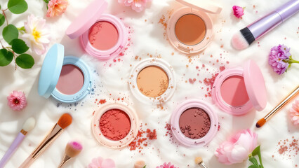 Pastel perfection: A harmonious arrangement of blush compacts and floral accents for beauty artistry