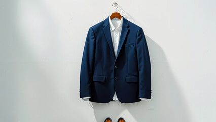 Prepared sophistication, a navy suit and polished shoes hanging against a clean white wall ready
